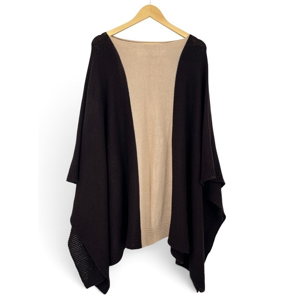 Womens Colorblock Knit Wool Poncho Sweater Brown Tan Oversized One Size Wrap